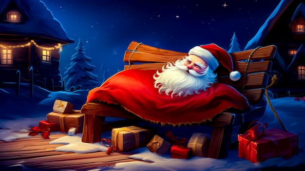 Painting of santa claus sleeping on sleigh in the snow Generative AI