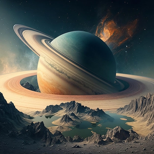 A painting of saturn with a lake in the background