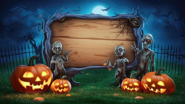 a painting of scary halloween pumpkins with a full moon behind them