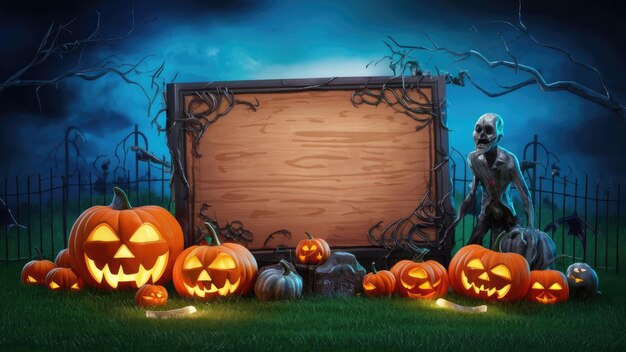 a painting of a scary scene with pumpkins and a wooden sign that says pumpkins