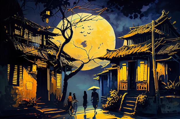 A painting of a scene with a moon in the background