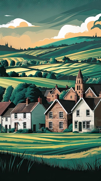 a painting of a scenic village with houses in the background graphic design style