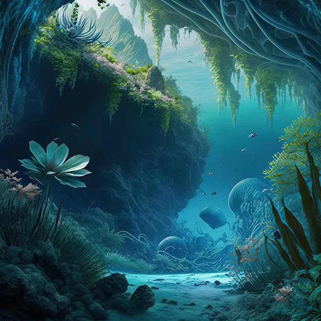 A painting of a sea cave with a plant and a fish on it.