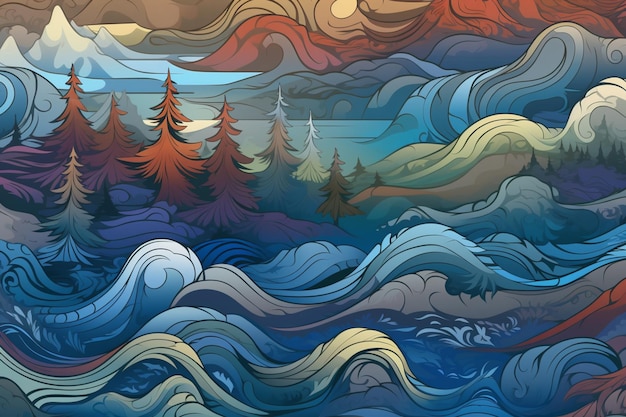 A painting of a sea landscape with trees and the sky in the background.