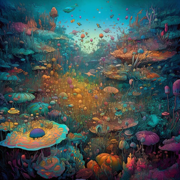 A painting of a sea of mushrooms and a fish swimming in the water.