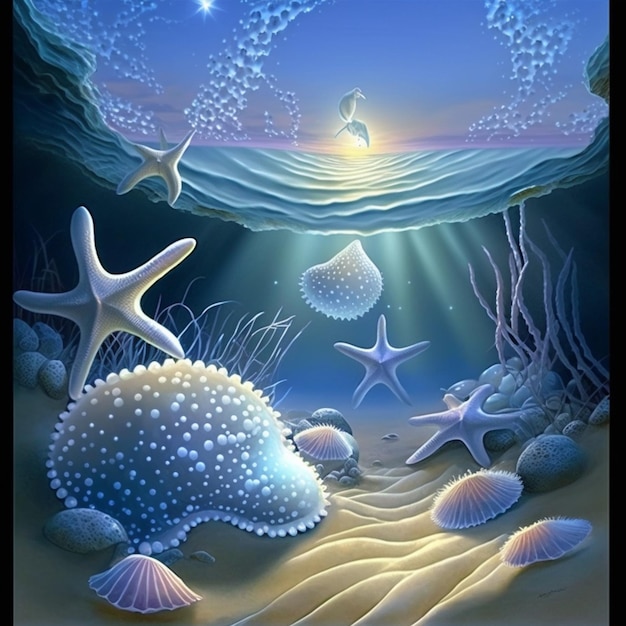 Painting of a sea scene with a starfish generative ai