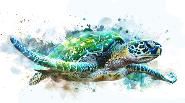 painting of a sea turtle on green and blue colour shell with water colour splashes with white background