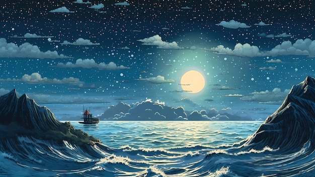 A painting of a sea with a moon and the words sea and the moon on the right side.