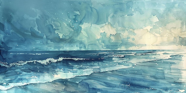 a painting of a sea with the sea and sky in the background