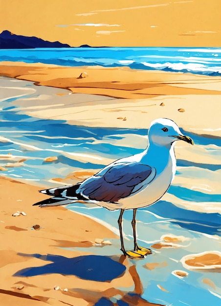 a painting of a seagull on a beach with the ocean in the background