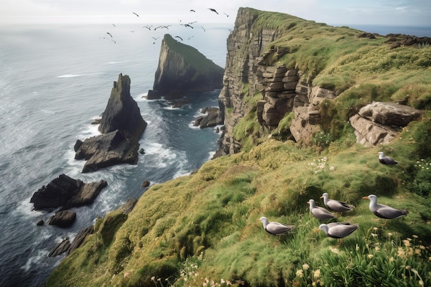 A painting of a seagull on a cliff overlooking the ocean.