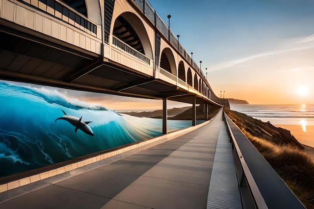 A painting of a seagull flying over a bridge at sunset.