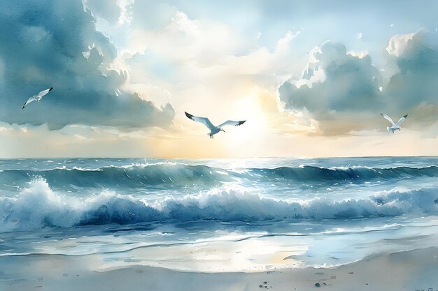 Photo a painting of a seagull flying over the ocean with a cloudy sky in the background