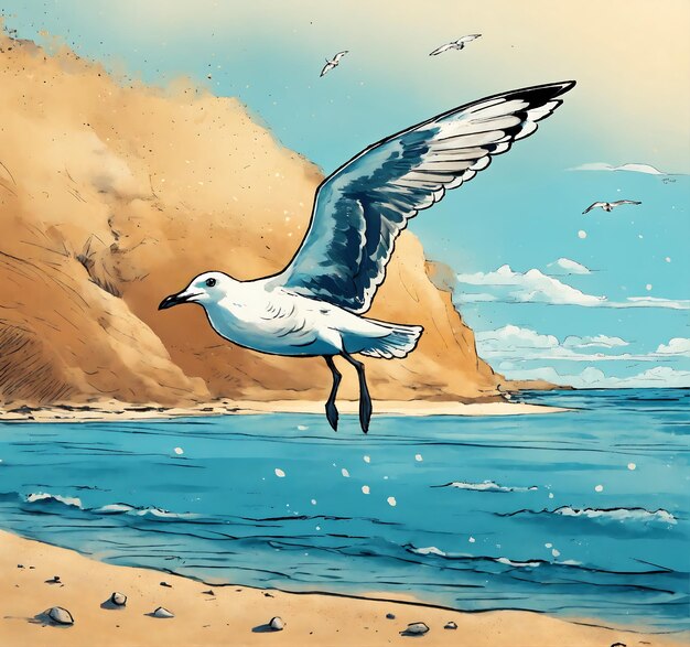 Photo a painting of a seagull flying over the ocean