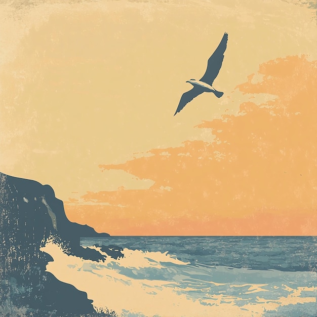 Photo a painting of a seagull flying over the ocean