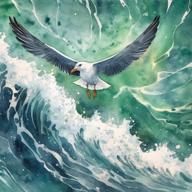 Painting of a seagull flying over a wave in the ocean generative ai