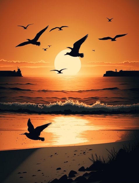 A painting of seagulls on a beach with a sunset in the background.