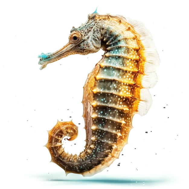 A painting of a seahorse with a blue tip with a white background