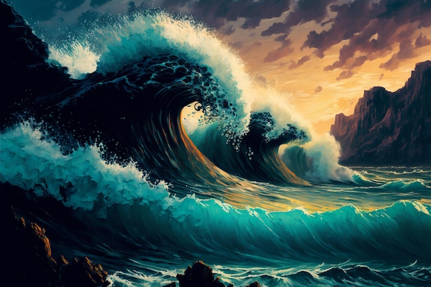 Painting seascape sea wave retrowave style digital painting artwork