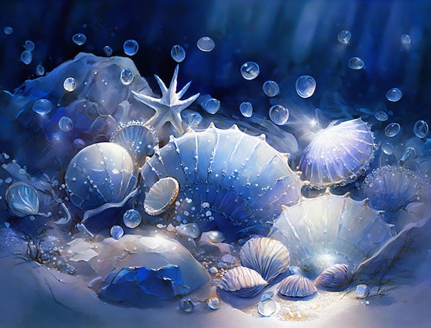 A painting of seashells and starfish on a blue background