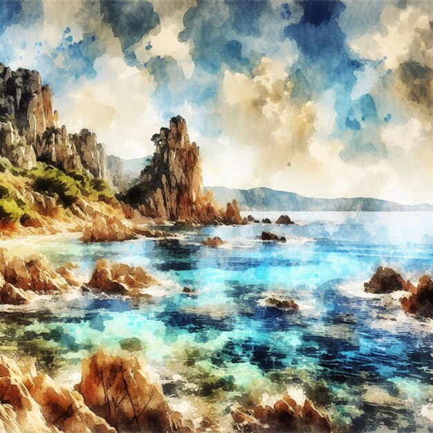 Photo painting of a serene beach scene with rocky cliffs and calm blue waters