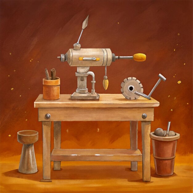 a painting of a sewing machine with a paint brush and a bucket with a paint brush