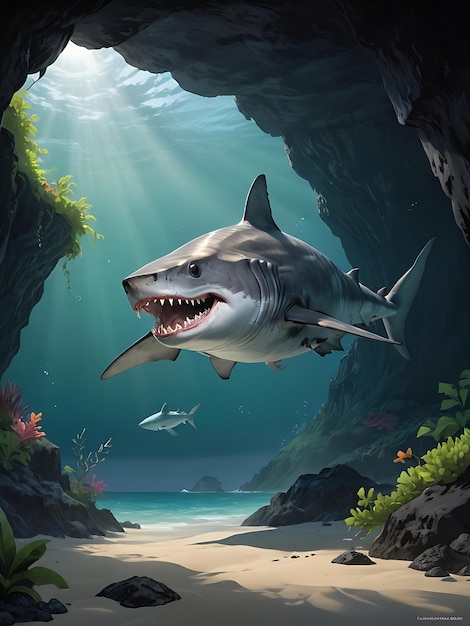 a painting of a shark with a shark in the background