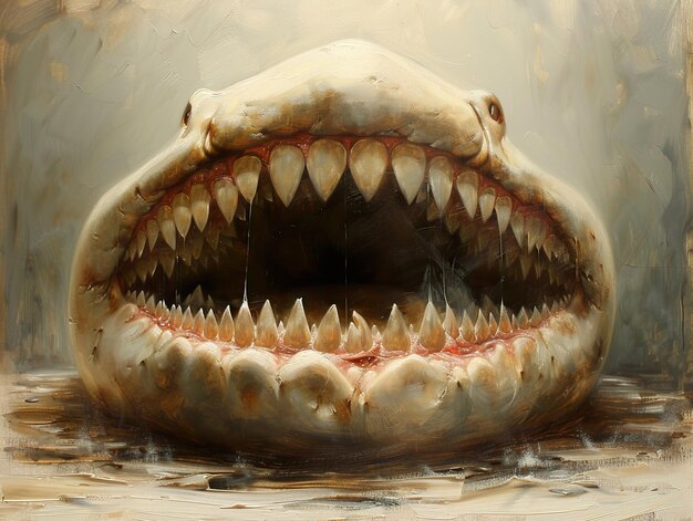 a painting of a shark with teeth showing teeth