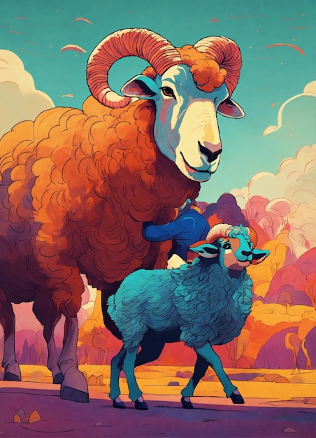 a painting of a sheep and a blue sheep with a blue sheep on the cover