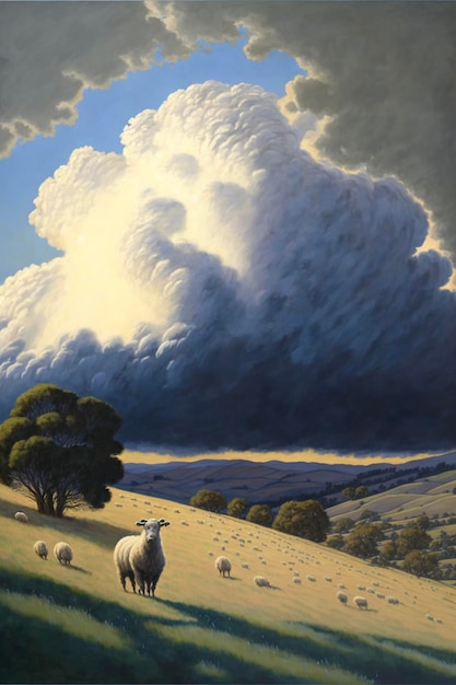 Painting of sheep in a field under a cloudy sky generative ai