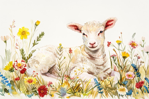 a painting of a sheep laying in a field of flowers