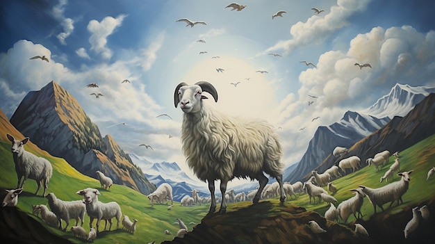 A painting of sheep and a mountain with birds flying around it illustration