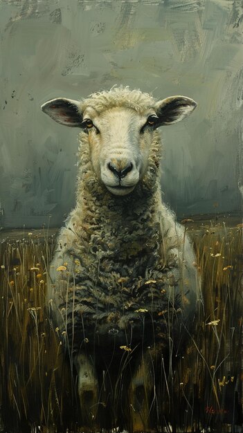 a painting of a sheep with a dark background