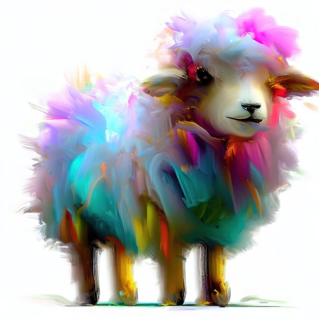 A painting of a sheep with multicolored feathers on it.