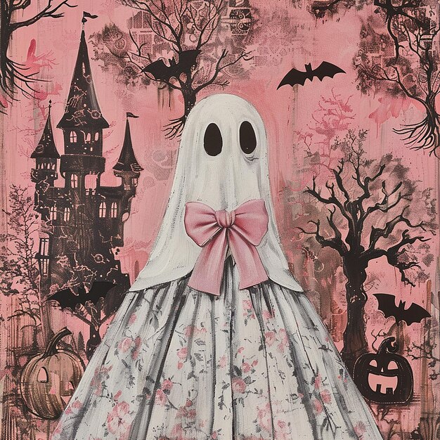 Photo painting sheet ghost with pink bow on her head cute sheet ghost with a pink coquette long tail vin