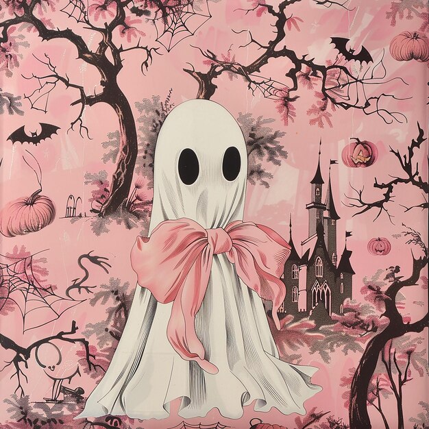 Photo painting sheet ghost with pink bow on her head cute sheet ghost with a pink coquette long tail vin