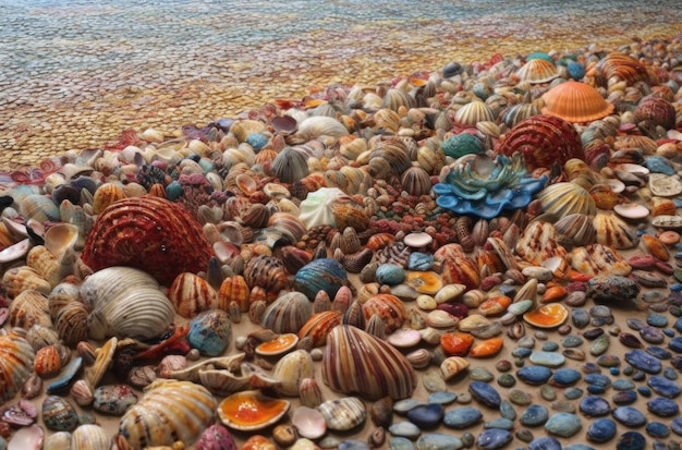 A painting of shells on the beach