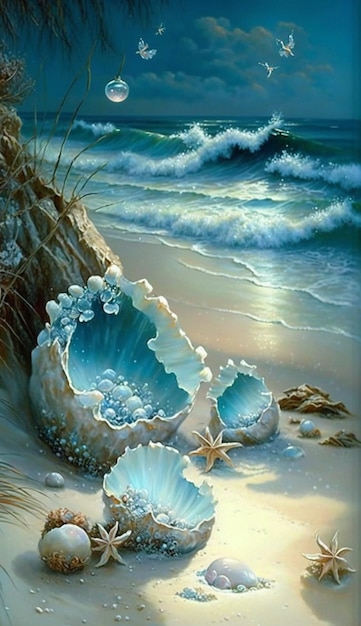 A painting of shells on the beach