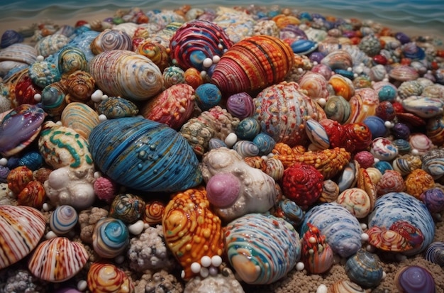 A painting of shells and a fish on a beach