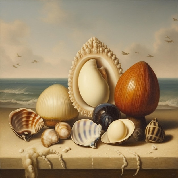 A painting of shells and shells with a blue sky in the background.