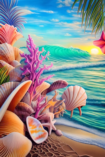 A painting of shells and a wave on the beach