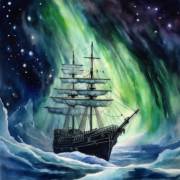 Painting of a ship in the ocean with aurora lights in the sky generative ai