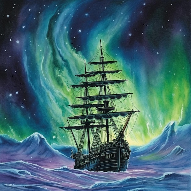 Painting of a ship in the ocean with aurora lights in the sky generative ai