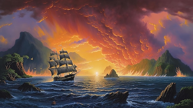 A painting of a ship in the ocean with a cloudy sky in the background