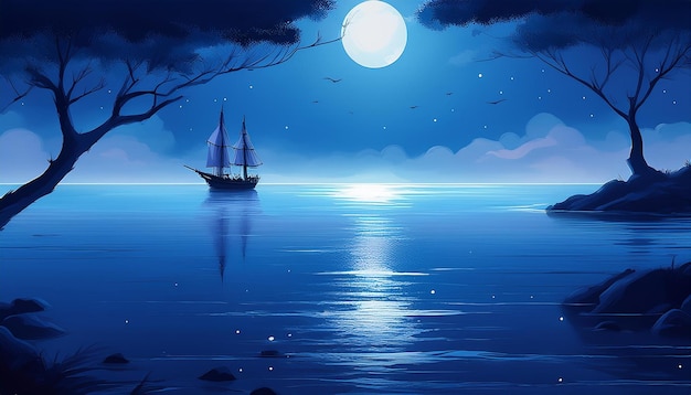 Photo a painting of a ship in the ocean with a full moon in the background