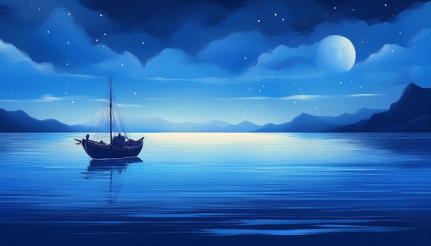 a painting of a ship in the ocean with a full moon in the background