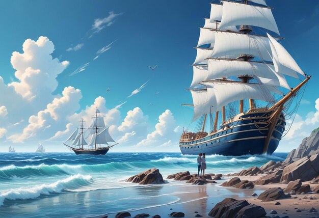 a painting of a ship and the ocean with a sailboat in the background