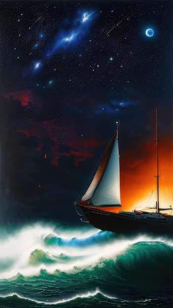 A painting of a ship in the ocean with the words " the ship is on the water "