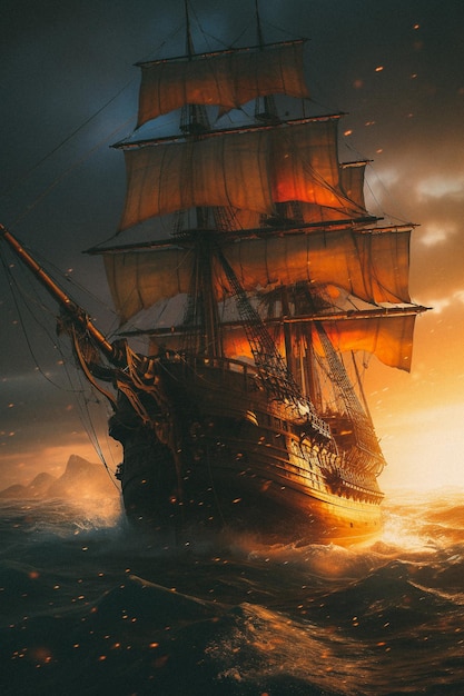 A painting of a ship in the ocean