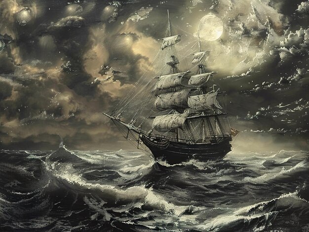 a painting of a ship sailing in the ocean with a full moon in the background